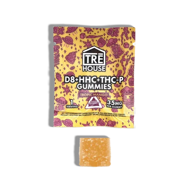 One single-pack of trēhouse tropic mango gummies. Package is on a transparent background with the gummy vividly on display.