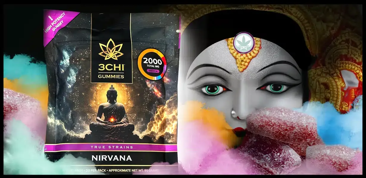 nirvana indica gummies, 'a dreamlike state' with colorful fluorescent clouds.