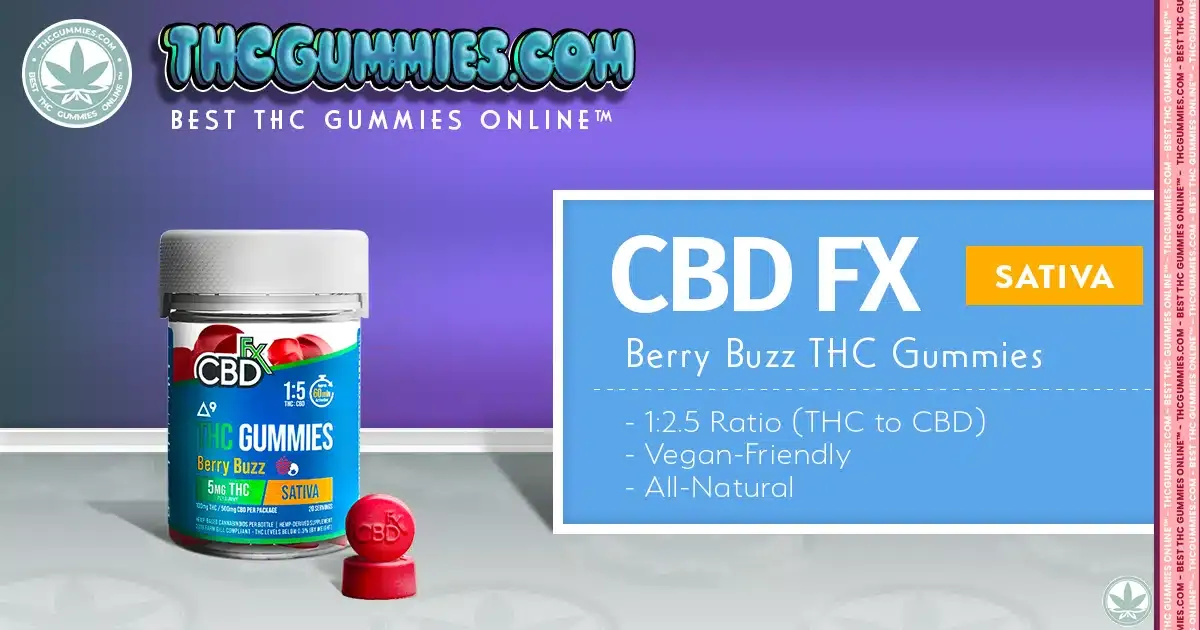 CBD FX Berry Buzz gummies. Radiant and vibrant colors contrasting from shades of purple, teal, blue, red, and orange; this product info banner share the Vendor being THCGummies.com with the words 'CBD FX Berry Buzz THC Gummies, Sativa, 1:2.5 ratio of THC to CBD, Vegan-Friendly, and All-Natural.
