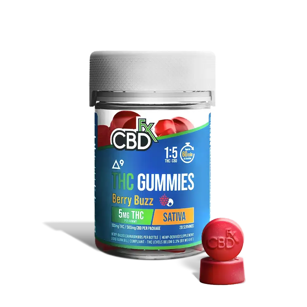 A bottle of cbdfx berry buzz gummies on a white background with light and shadow effects. There are two vibrantly red gummies on the outside of the bottle to give customers a vivid look at what to expect.